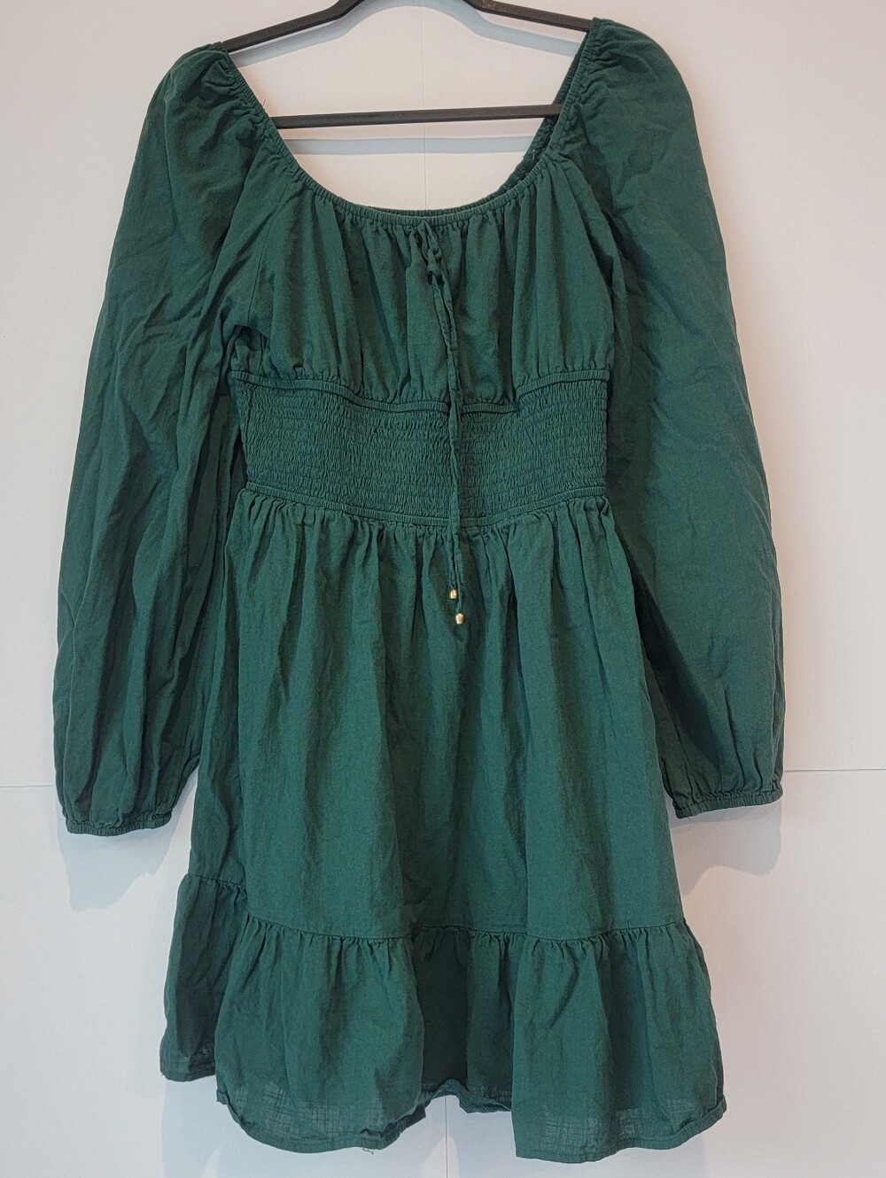 Illusory Green Smocked Waist Long Sleeve Mini Dress Size L Cottagecore Boho - Picture 1 of 12